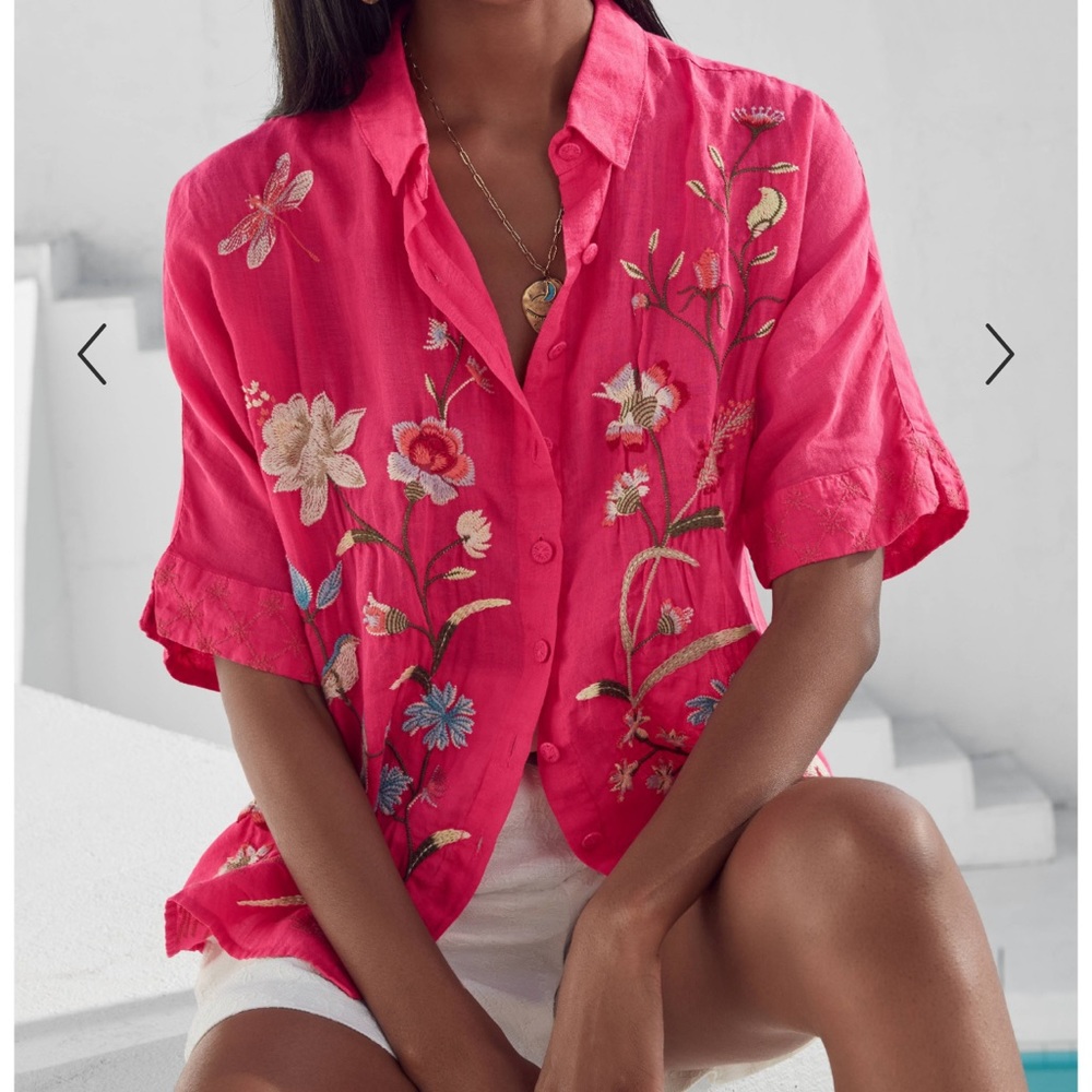 Johnny Was Geniveve Relaxed Dolman Sleeve Button Up Shirt Embroidered Ramie M